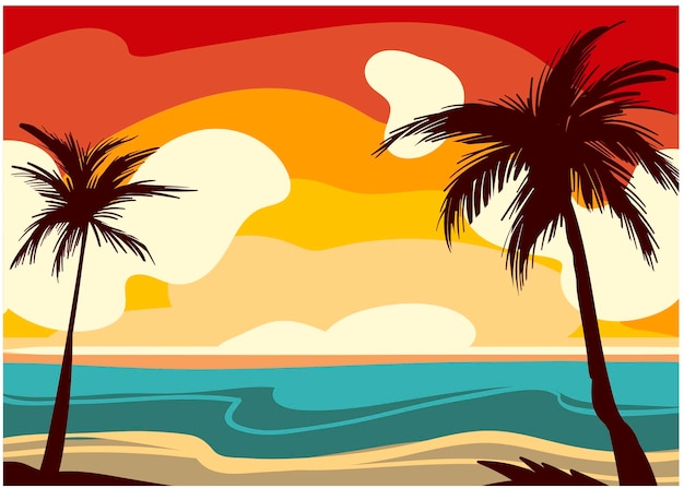 dibujo vectorial de un hermoso paisaje tropical, un hermoso amanecer, una hermosa puesta de sol en el mar