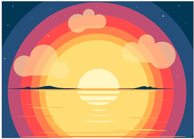 Dibujo vectorial de un hermoso paisaje tropical, un hermoso amanecer, una hermosa puesta de sol en el mar