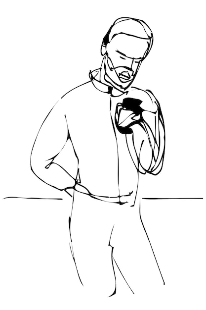 Dibujo vectorial de un hombre con barba mirando el teléfono