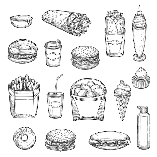 Dibujo vectorial iconos de comida rápida aislados