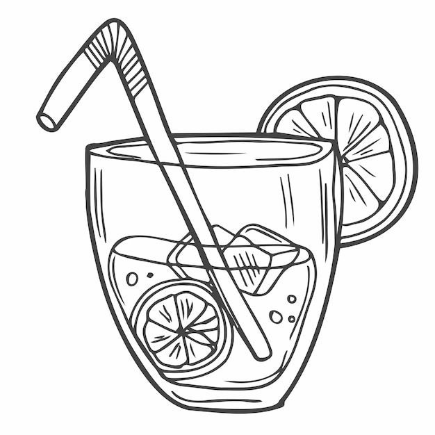 Dibujo vectorial Ilustración Vaso de limonada con rodaja de limón Hielo y paja para beber