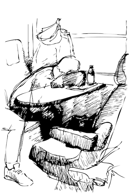 Dibujo vectorial de un joven durmiendo en una mesa junto a la ventana de la locomotora del tren