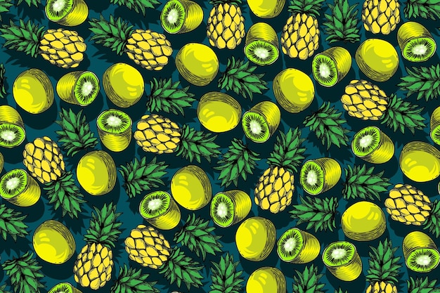 dibujo vectorial de kiwi y piña sin costuras