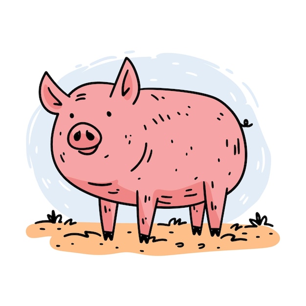 Dibujo vectorial libre de un cerdo en la hierba con un fondo azul