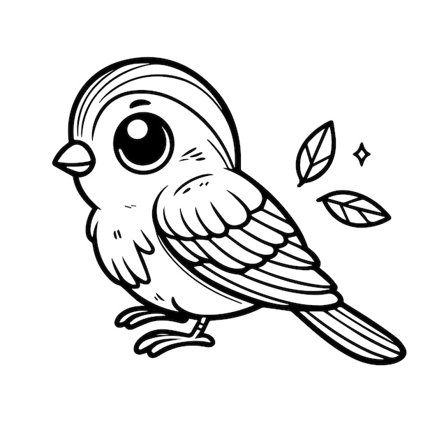 Dibujo vectorial lineal de un pequeño pájaro en blanco y negro