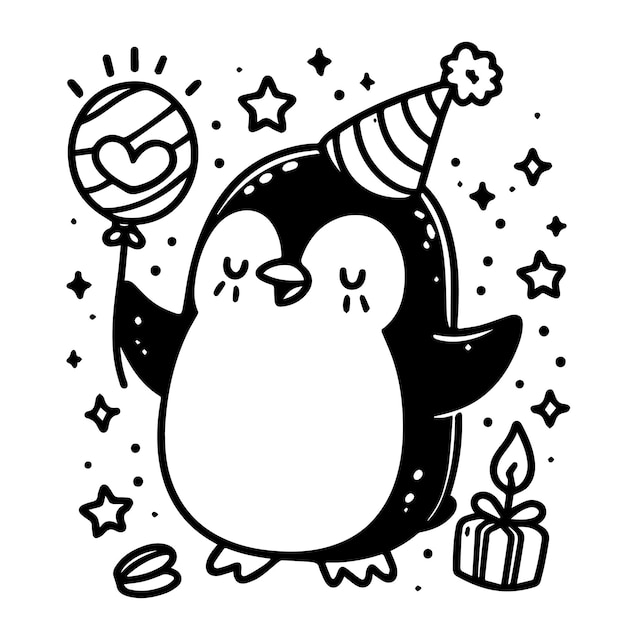 Dibujo vectorial lineal de un pingüino en blanco y negro