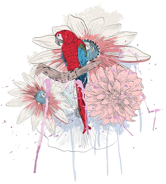 Dibujo vectorial de un loro con flores. Ilustración dibujada a mano.