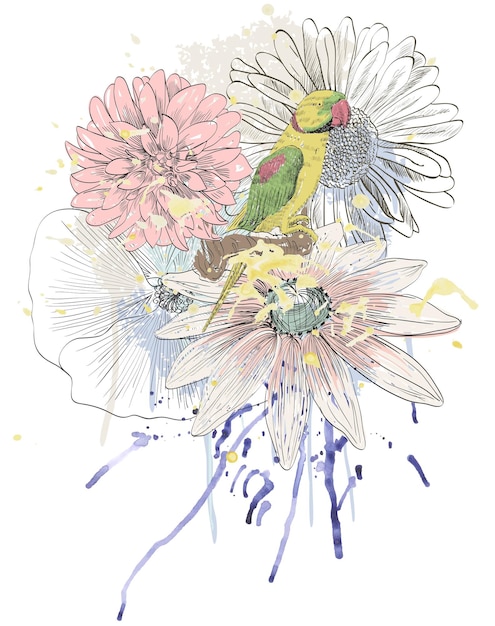 Dibujo vectorial de un loro con flores ilustración dibujada a mano.