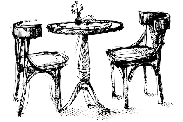 Dibujo vectorial de una mesa redonda de madera y dos sillas en viena