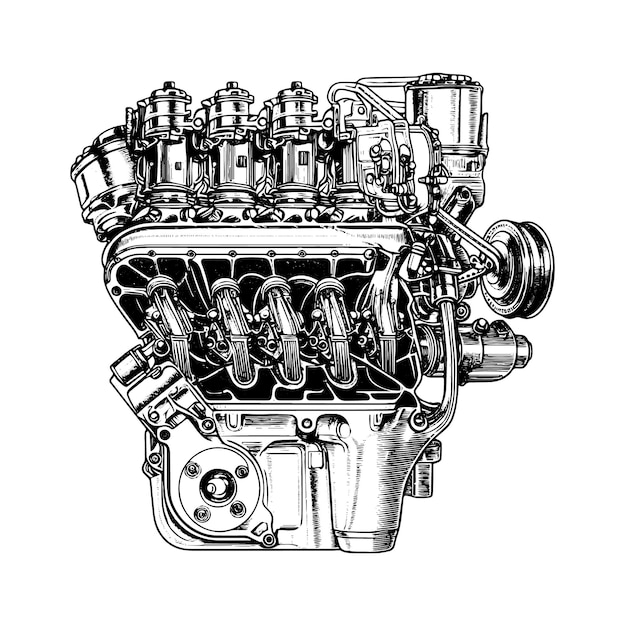 Dibujo vectorial del motor Ilustración de estilo grabado de objeto dibujado a mano aislado