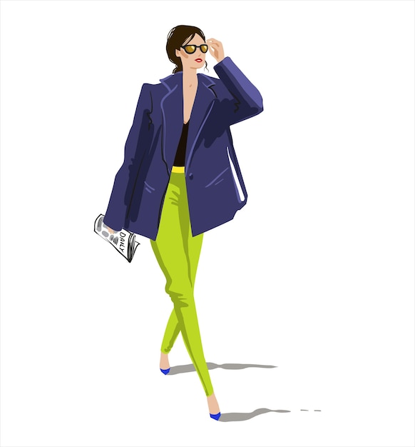 Dibujo vectorial de una mujer joven caminando con un periódico. look casual, moda de calle.