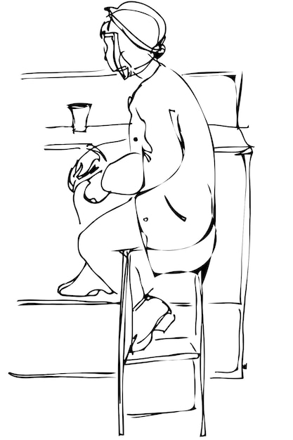 Dibujo vectorial de una mujer soltera bebiendo café en el bar en un taburete