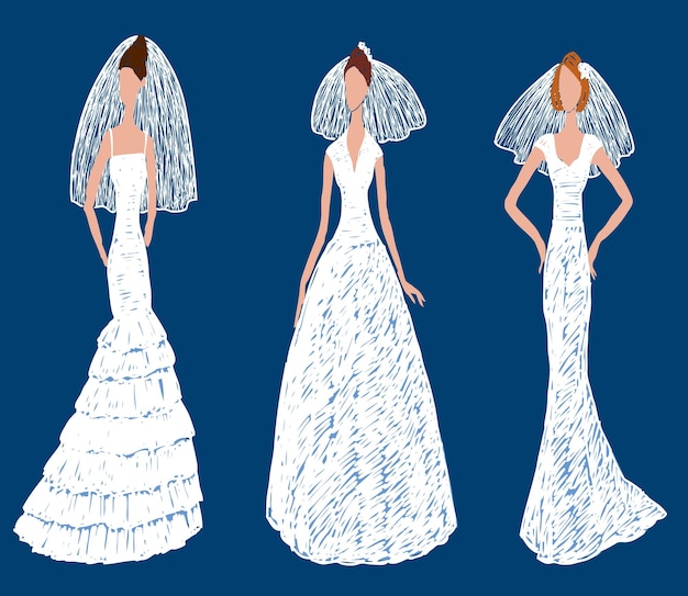 Dibujo vectorial de novias jóvenes en diferentes vestidos de novia