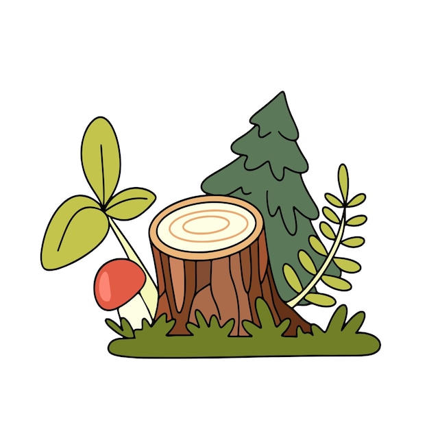 Dibujo vectorial de un paisaje forestal Abeto verde rodeado de hierba