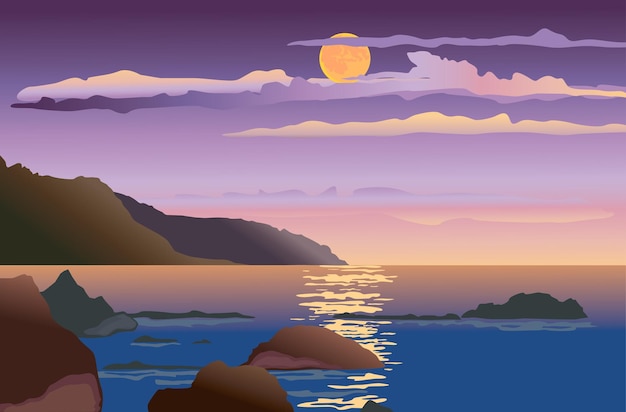 Dibujo vectorial del paisaje marino en la noche iluminada por la luna