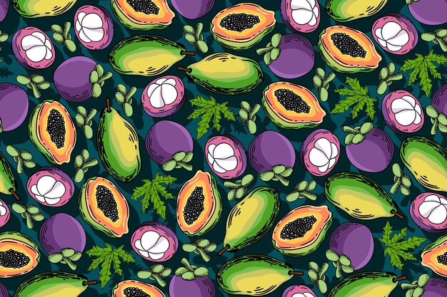 dibujo vectorial de papaya y mangostán con patrón sin costuras