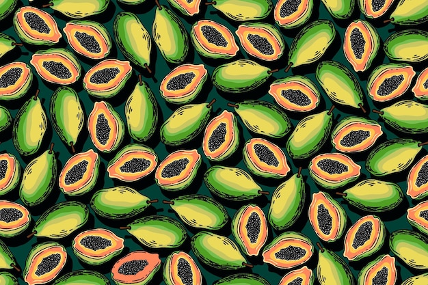 dibujo vectorial de papaya con patrón sin costuras