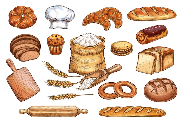 Dibujo vectorial de pasteles y pan de panadería