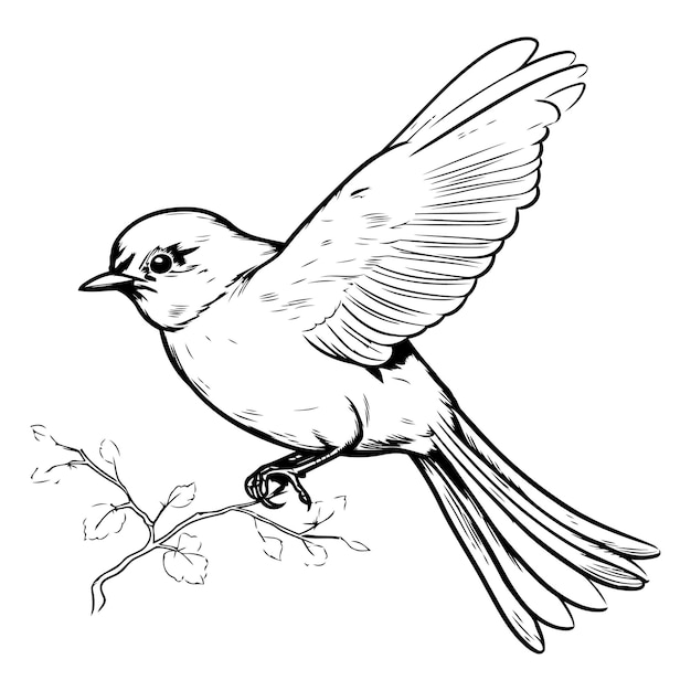 Vector dibujo vectorial de un pequeño pájaro en una rama ilustración en blanco y negro