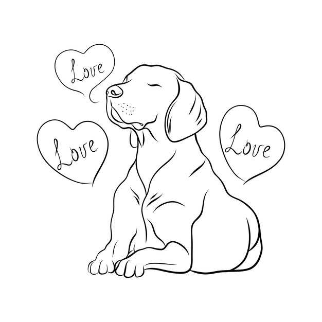 Vector dibujo vectorial de un perro sentado con corazones