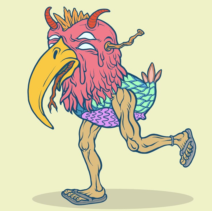 Vector dibujo vectorial premium monstruo pollo pájaro correr raro