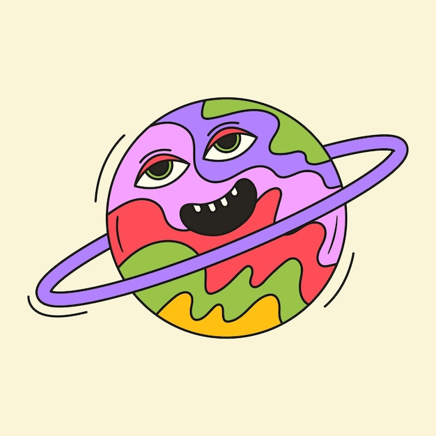 Vector dibujo vectorial psicodélico de planeta loco con cara icono de elemento espacial maravilloso arte ácido abstracto