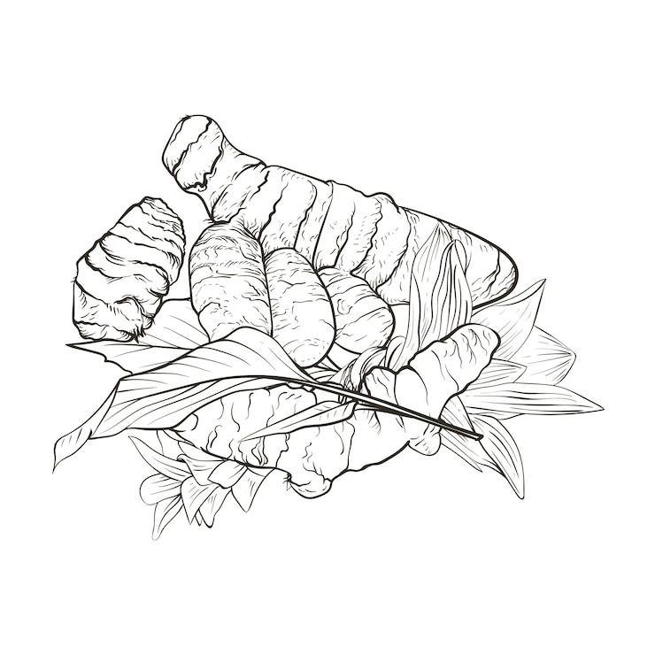 Vector dibujo vectorial de raíz de cúrcuma ilustración en blanco y negro curcuma deja flores