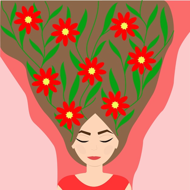 dibujo vectorial rojo de una chica con flores en el cabello