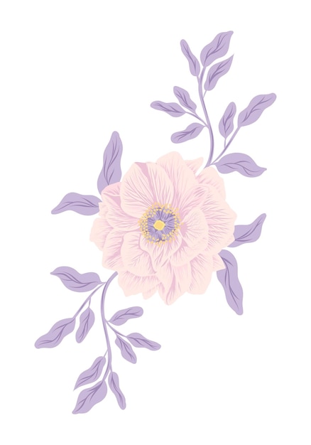 Vector dibujo vectorial con rosas beige y hojas púrpuras.