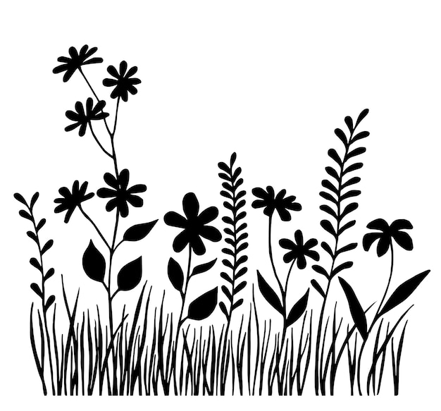 dibujo vectorial silueta negra de flores silvestres y hierbas dibujo simple a mano