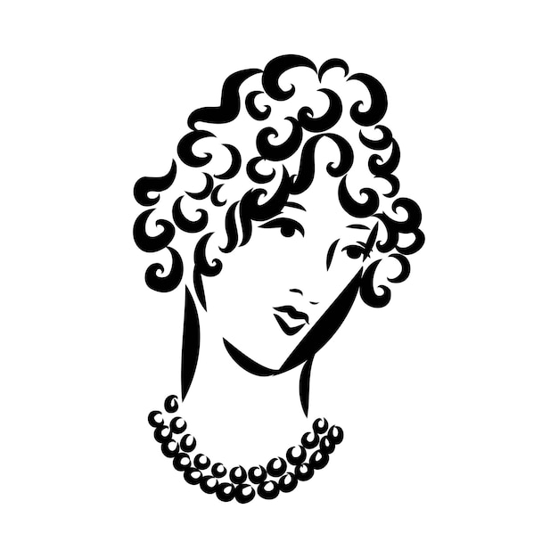 Dibujo vectorial simple dibujado a mano en contorno negro dama en vestido vintage bosquejo de tinta de moda histórica
