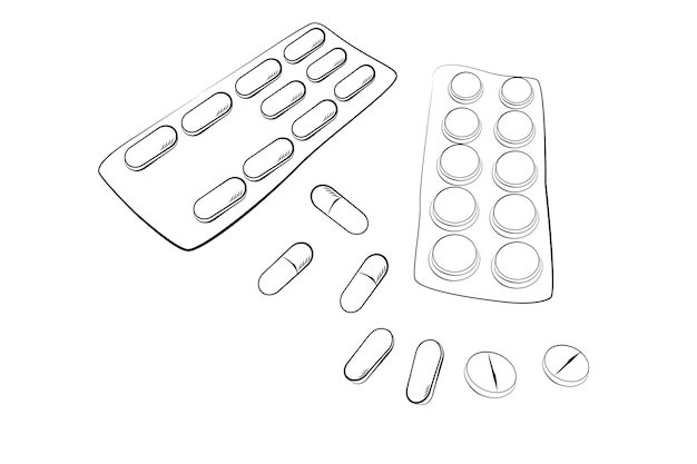 Dibujo vectorial simple vista superior pila de píldoras y cápsulas