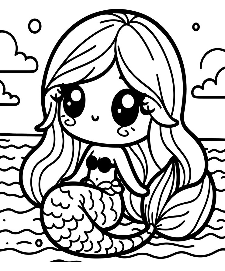 dibujo vectorial de sirena en blanco y negro página de colorear