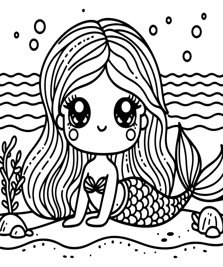 dibujo vectorial de sirena en blanco y negro página de colorear
