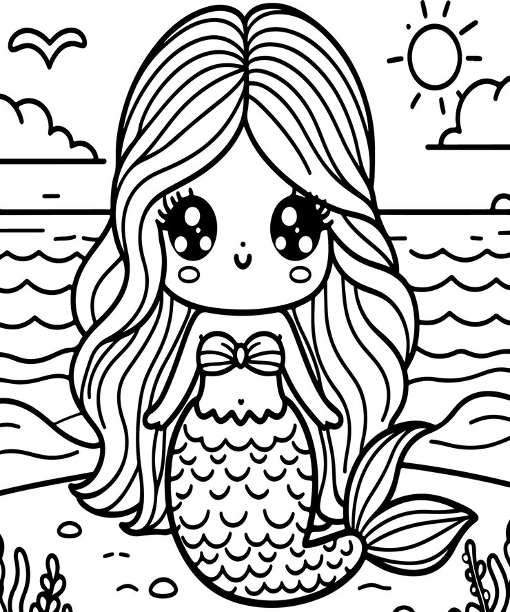 dibujo vectorial de sirena en blanco y negro página de colorear