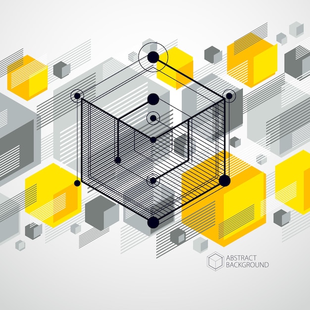 Dibujo vectorial del sistema industrial amarillo creado con líneas y cubos 3d. la composición geométrica moderna se puede utilizar como plantilla y diseño.