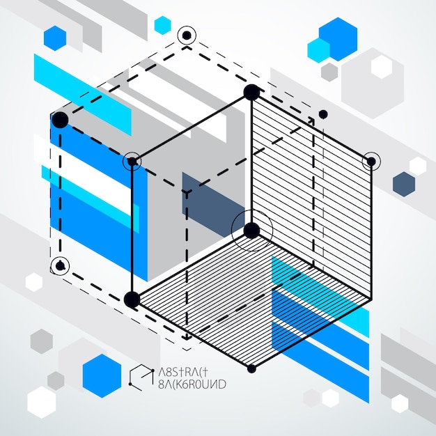 Dibujo vectorial del sistema industrial azul creado con líneas y cubos 3D. La composición geométrica moderna se puede utilizar como plantilla y diseño.