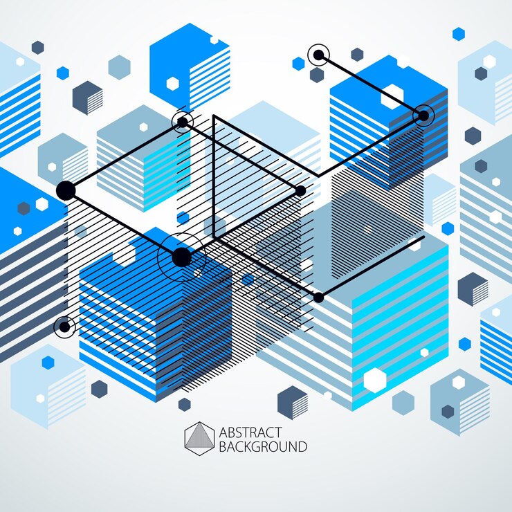Vector dibujo vectorial del sistema industrial azul creado con líneas y cubos 3d. la composición geométrica moderna se puede utilizar como plantilla y diseño.