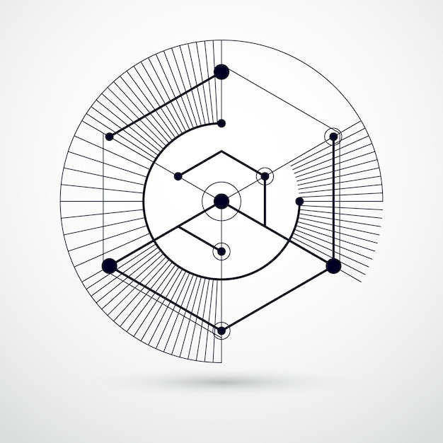 Dibujo vectorial del sistema industrial en blanco y negro creado con líneas y cubos 3D. La composición geométrica moderna se puede utilizar como plantilla y diseño.