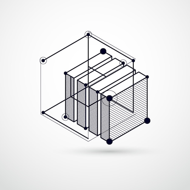 Dibujo vectorial del sistema industrial en blanco y negro creado con líneas y cubos 3D. La composición geométrica moderna se puede utilizar como plantilla y diseño.