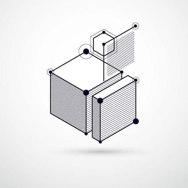 Dibujo vectorial del sistema industrial en blanco y negro creado con líneas y cubos 3D. La composición geométrica moderna se puede utilizar como plantilla y diseño.