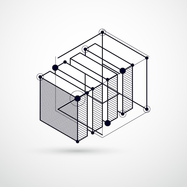 Dibujo vectorial del sistema industrial en blanco y negro creado con líneas y cubos 3D. La composición geométrica moderna se puede utilizar como plantilla y diseño.