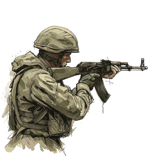 Dibujo vectorial de un soldado militar con uniforme caqui y armadura corporal