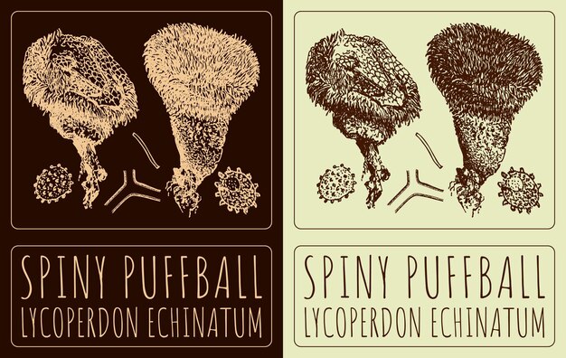 Dibujo vectorial SPINY PUFFBALL Ilustración dibujada a mano El nombre latino es LYCOPERDON ECHINATUM