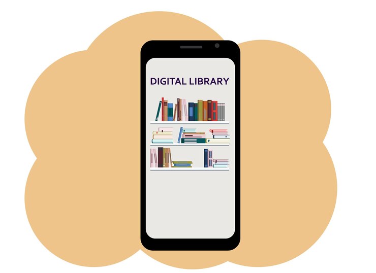 Vector dibujo vectorial de un teléfono móvil con la imagen de libros y la biblioteca digital de texto