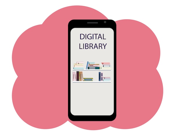 Vector dibujo vectorial de un teléfono móvil con la imagen de libros y la biblioteca digital de texto