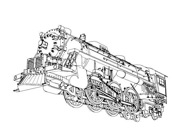 Vector dibujo de una vieja locomotora de vapor sobre un fondo blanco con vector de líneas negras