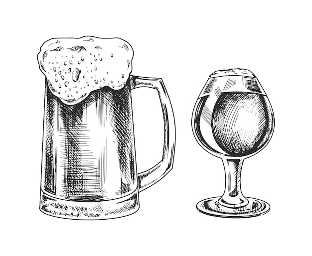 Dibujo vintage dibujado a mano de jarra de cerveza y vaso de cerveza aislado sobre fondo blanco