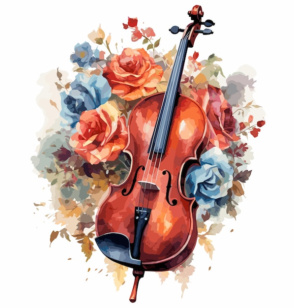 Vector un dibujo de un violín con rosas y un arco.