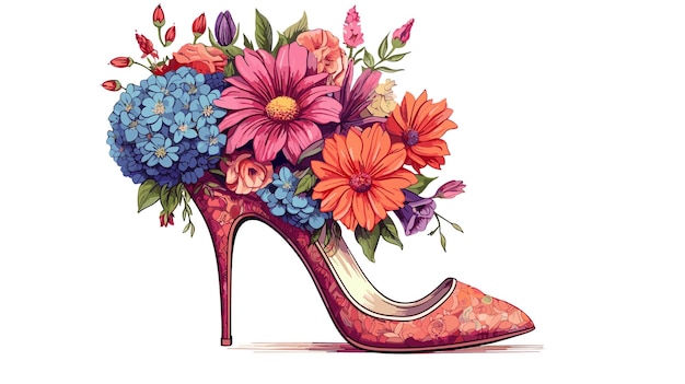 Dibujo de zapatos de mujer con tacones con flores sobre un vector de fondo blanco